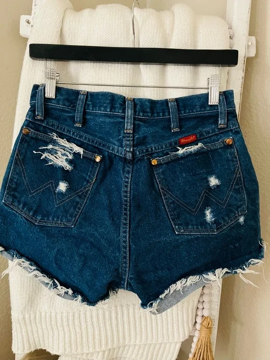 Wrangler Dark Blue High-Waist Distressed Denim Shorts - Picture 1 of 3